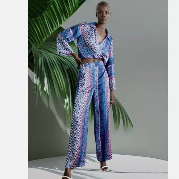 NWT ZARA Women Elastic Waist Hi-Rise Wide-Leg Satin Palazzo Pants - Picture 1 of 7